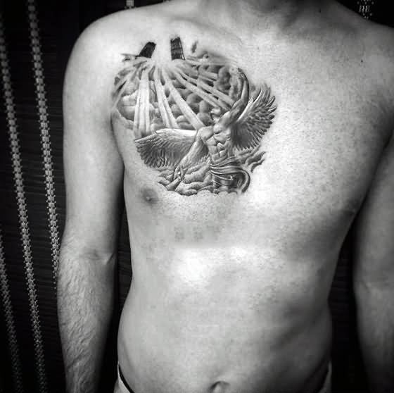 Grey Ink Angel With Clouds Tattoo On Man Right Chest