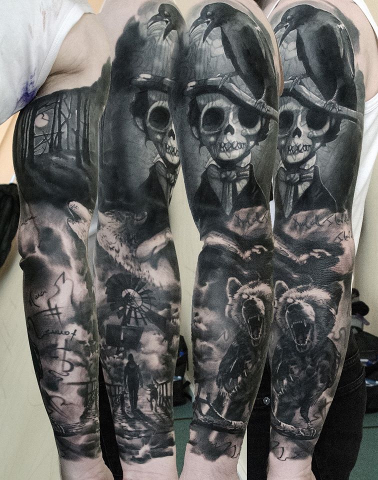 Grey Ink Bear And Skull Tattoo On Sleeve