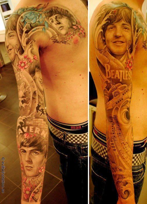 Grey Ink Beatles Faces With Flowers Tattoo On Right Full Sleeve
