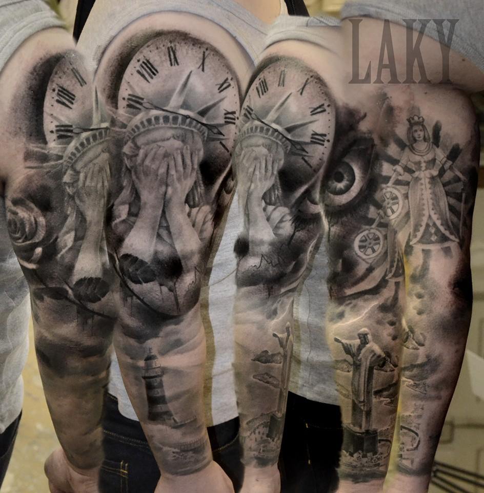 Grey Ink Clock And Full Sleeve Tattoo