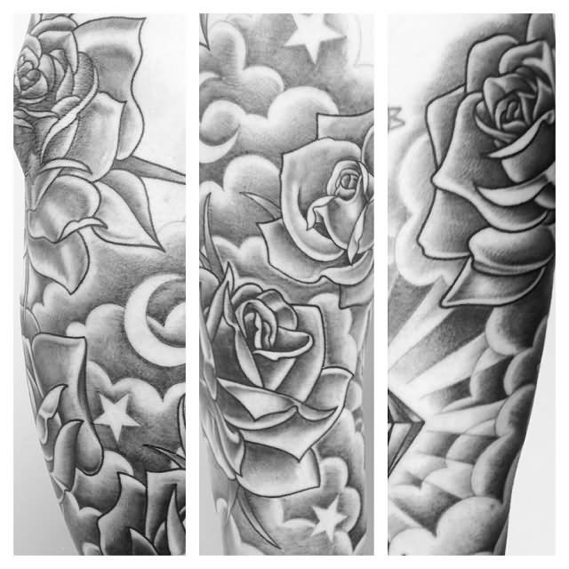 Grey Ink Clouds With Roses And Stars Tattoo Design For Sleeve