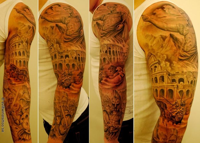 Grey Ink Colosseum Tattoo On Full Sleeve