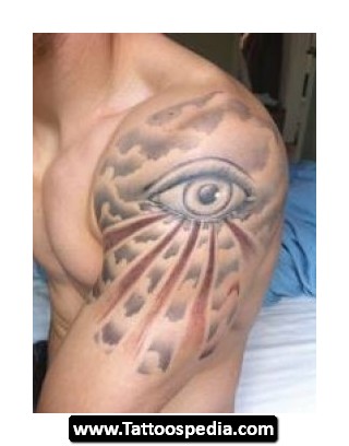 Grey Ink Eye In Clouds Tattoo On Left Shoulder