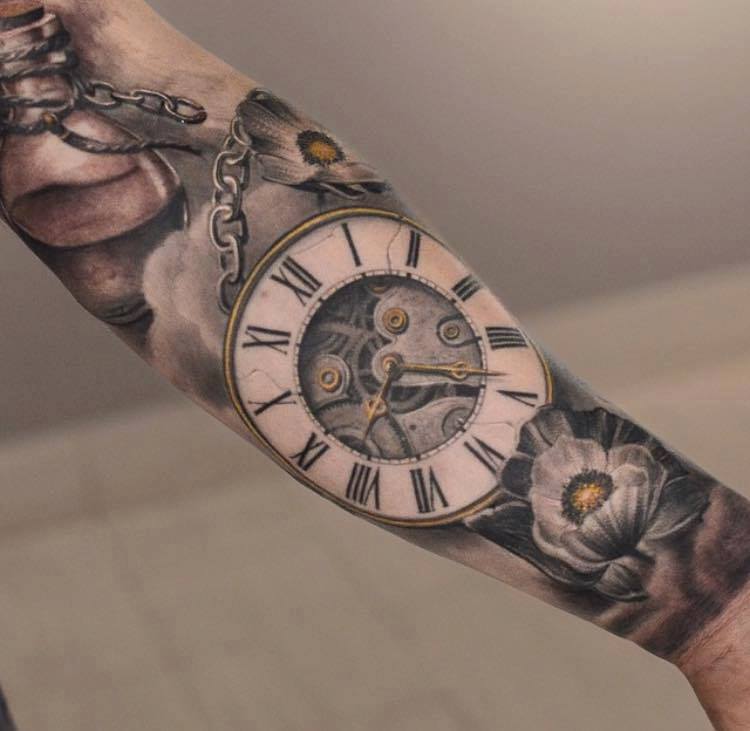 Grey Ink Flower And Pocket Watch Tattoo On Forearm