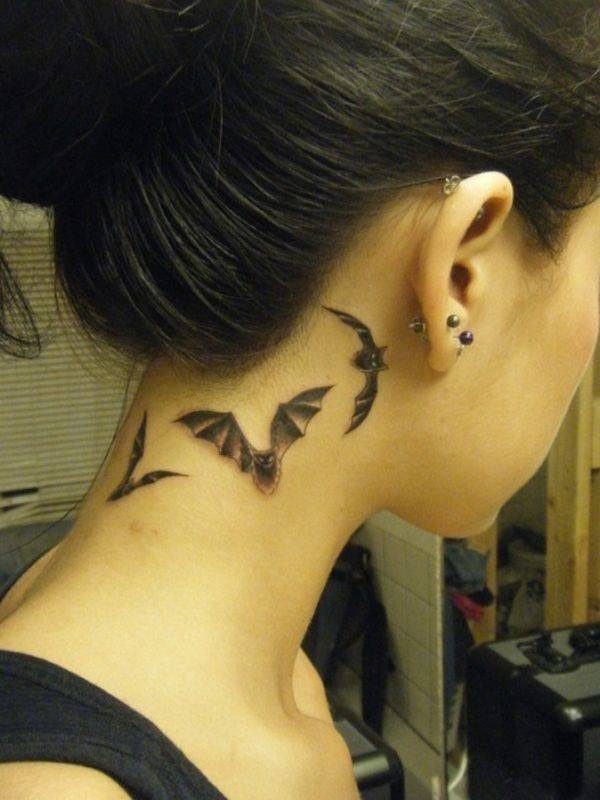 Grey Ink Flying Bats Tattoo On Side Neck