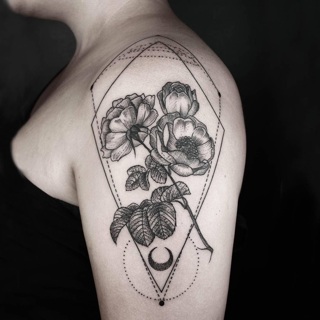 Grey Ink Geometric Poppy Flowers Tattoo On Left Shoulder