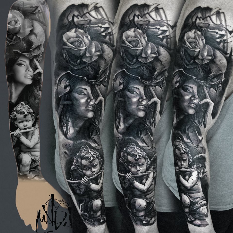 Grey Ink Girl And Cherub Tattoo on Sleeve by Maksims Zotovs