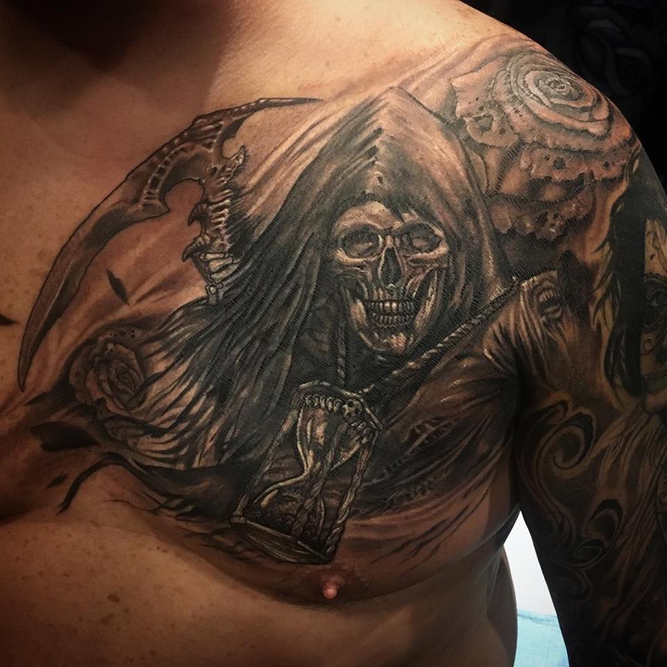 Grey Ink Grim Reaper Tattoo On Chest by Big Gus Ink