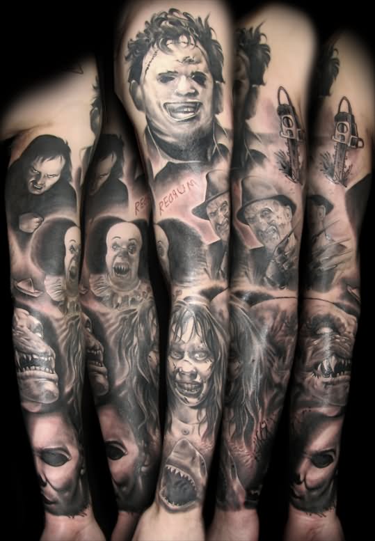 Grey Ink Horror Faces Tattoo Design For Full Sleeve By Dusty Neal