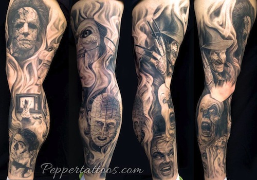 Grey Ink Horror Pinhead Tattoo On Full Sleeve