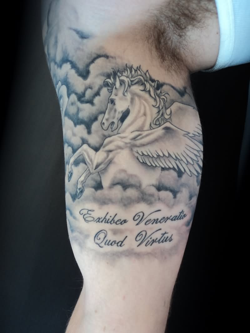 Grey Ink Horse With Wings And Clouds Tattoo On Half Sleeve