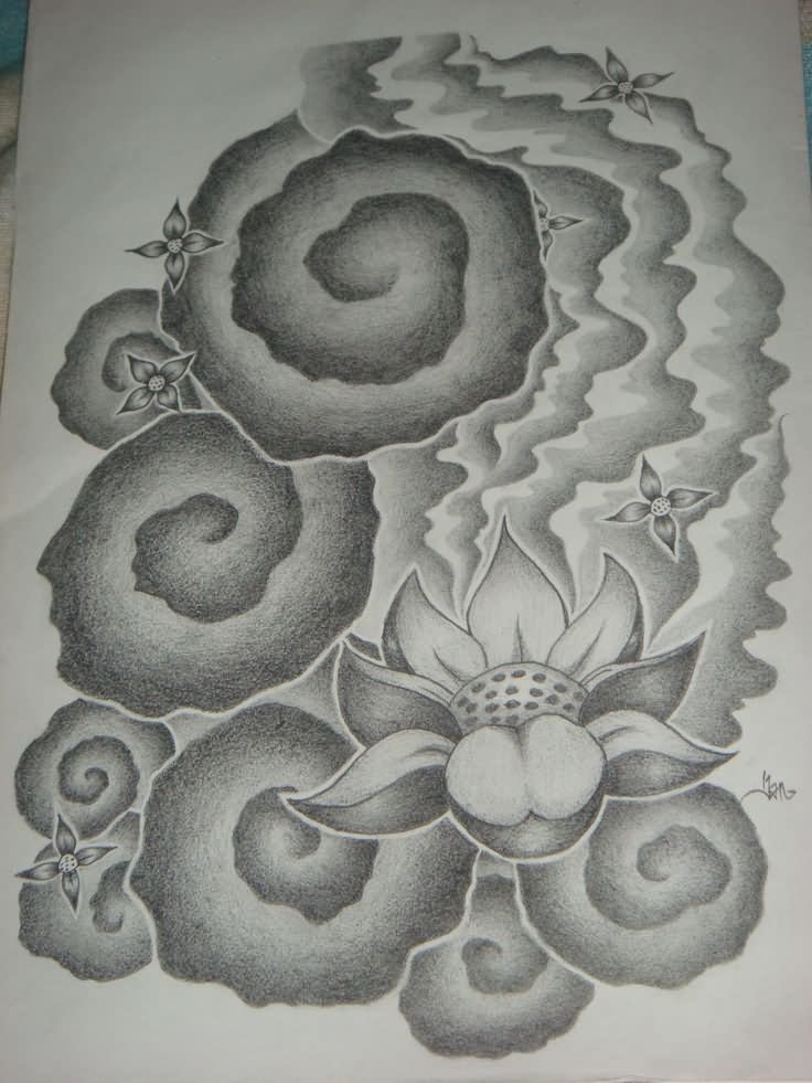 Grey Ink Japanese Cloud With Flowers Tattoo Design