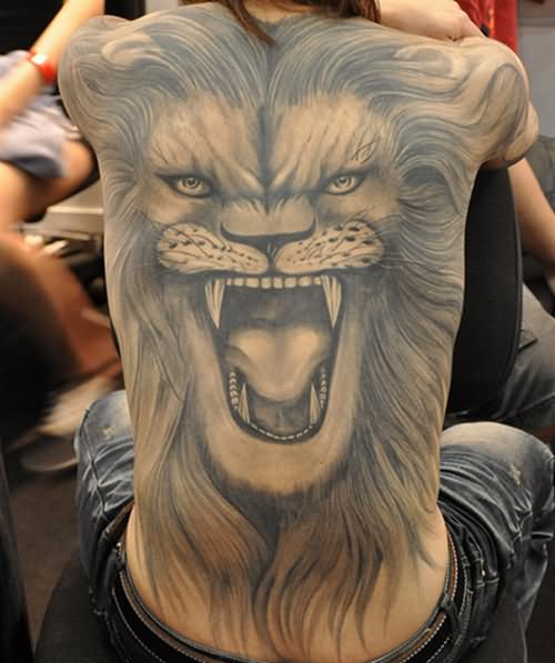 Grey Ink Roaring Lion Head Tattoo On Full Back