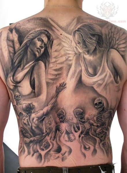 Grey Ink Two Angels With Skeletons Tattoo On Full Back