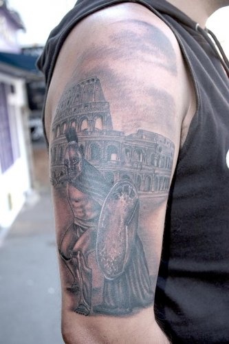 Grey Ink Warrior With Colosseum Tattoo On Right Half Sleeve
