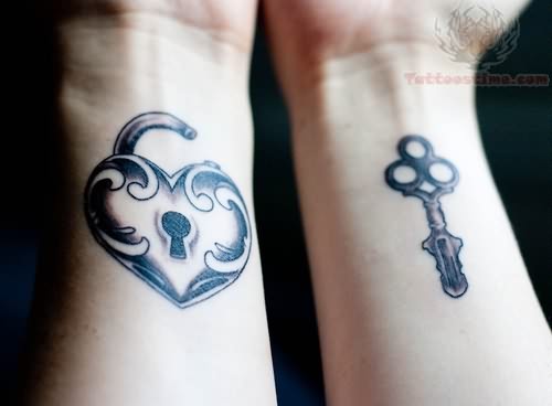 Grey Lock Heart And Skeleton Key Tattoos On Wrists