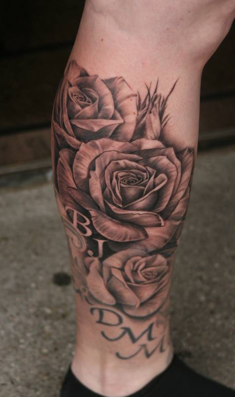 Grey Rose Flowers Tattoos On Leg by Nissen