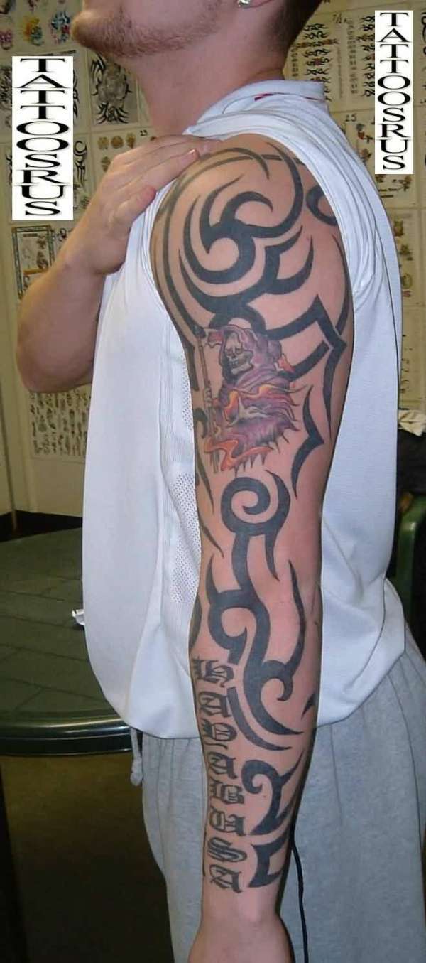 Grim Reaper With Tribal Design Tattoo On Man Left Full Sleeve