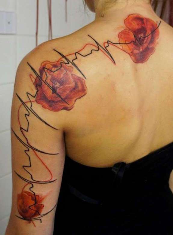 Heartbeat With Poppy Flowers Tattoo On Half Sleeve And Back Shoulder
