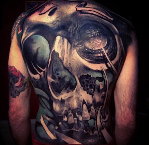 Horror 3D Skull Tattoo On Full Back