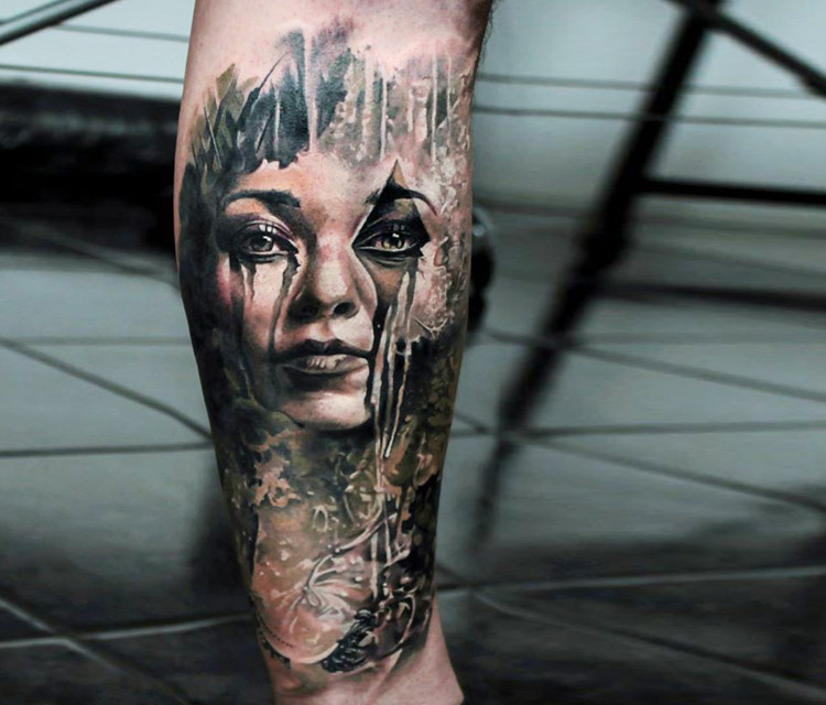 Horror Crying Girl Face Tattoo On Leg