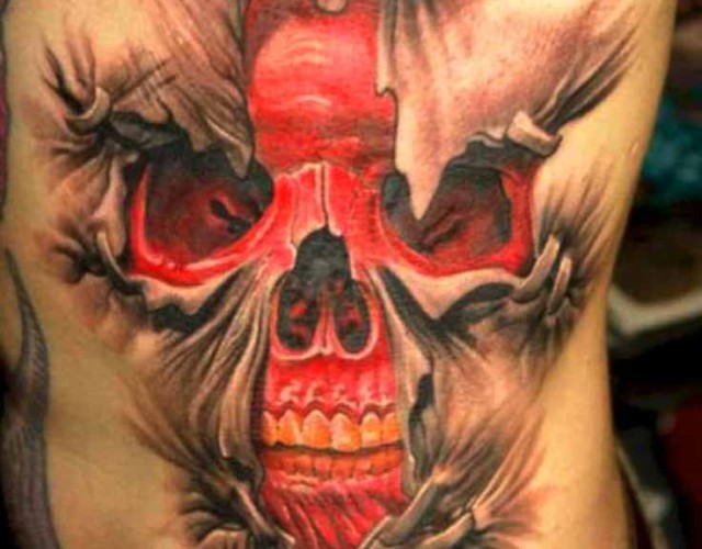 Horror Red Skull In Cross Tattoo Design