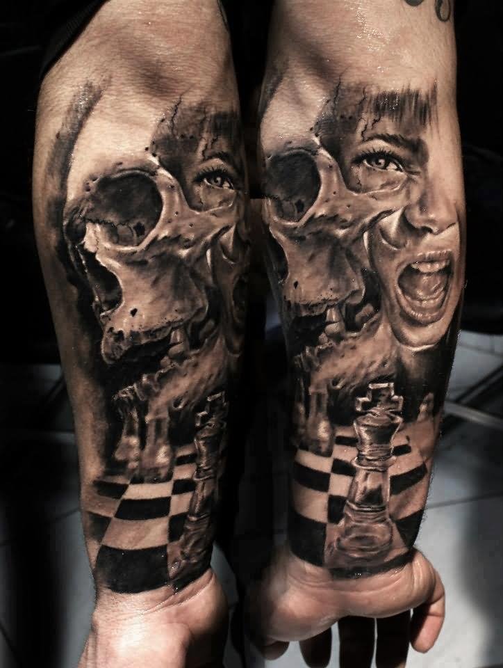 Horror Skull With Girl Face And Chess Tattoo On Forearm