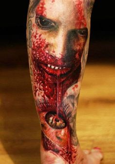 Horror Zombie Face Tattoo On Leg Calf