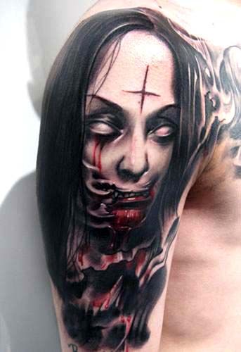 Horror Zombie Girl Face Tattoo On Right Shoulder