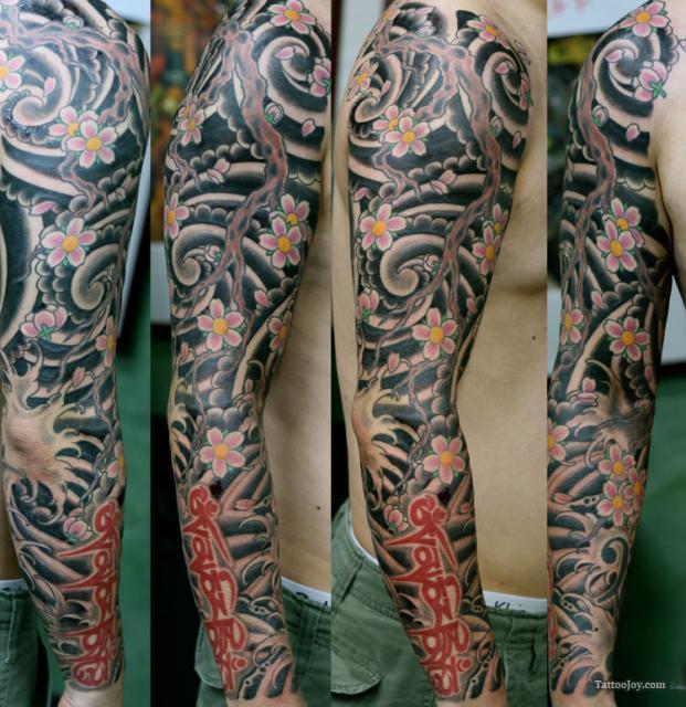 Japanese Cherry Blossom Tattoo On Man Right Full Sleeve