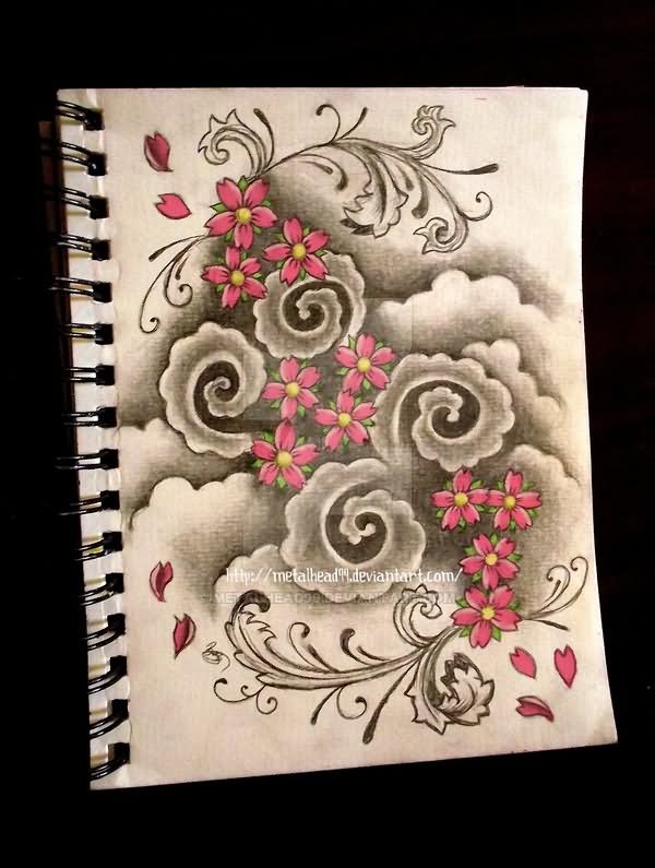 Japanese Cloud With Cherry Blossom Flowers Tattoo Design By Metalhead99