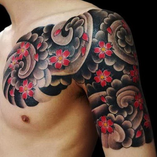 Japanese Cloud With Cherry Blossom Flowers Tattoo On Left Shoulder And Chest