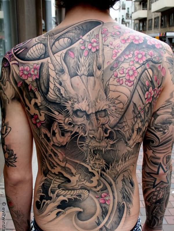 Japanese Dragon With Cherry Blossom Tattoo On Full Back