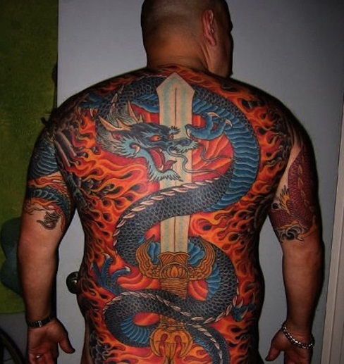 Japanese Dragon With Sword Tattoo On Man Full Back