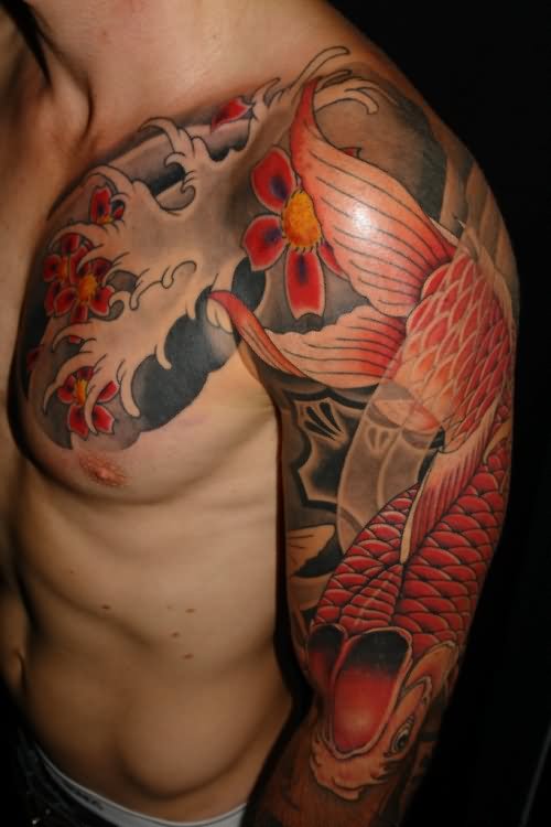 Japanese Fish Tattoo On Man Left Full Sleeve