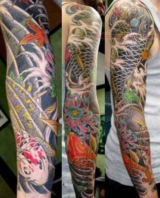 Japanese Fishes With Flowers Tattoo Design For Full Sleeve