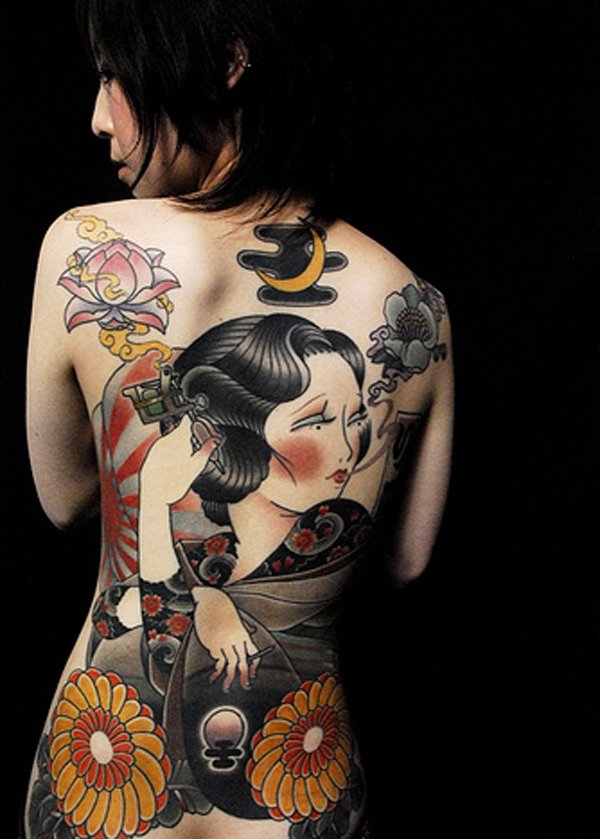 Japanese Geisha With Flowers Tattoo On Girl Full Back