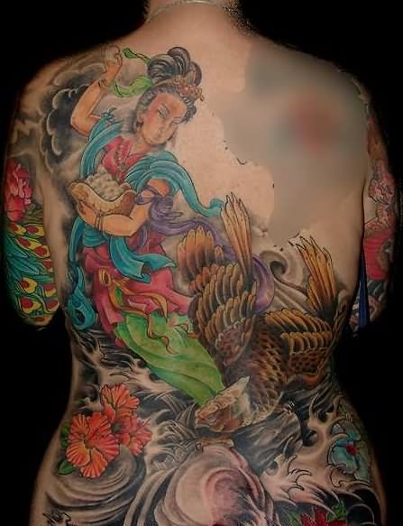 Japanese Girl With Eagle And Flowers Tattoo On Full Back