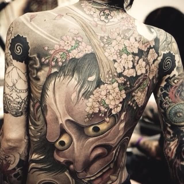 Japanese Hanya With Cherry Blossom Tattoo On Full Back