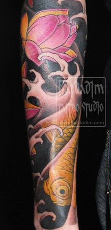 Japanese Koi Fish With Lotus Tattoo Design For Full Sleeve