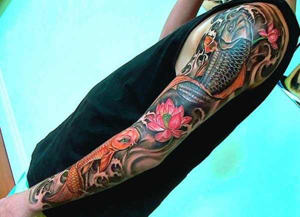 Japanese Koi Fishes With Flowers Tattoo On Left Full Sleeve