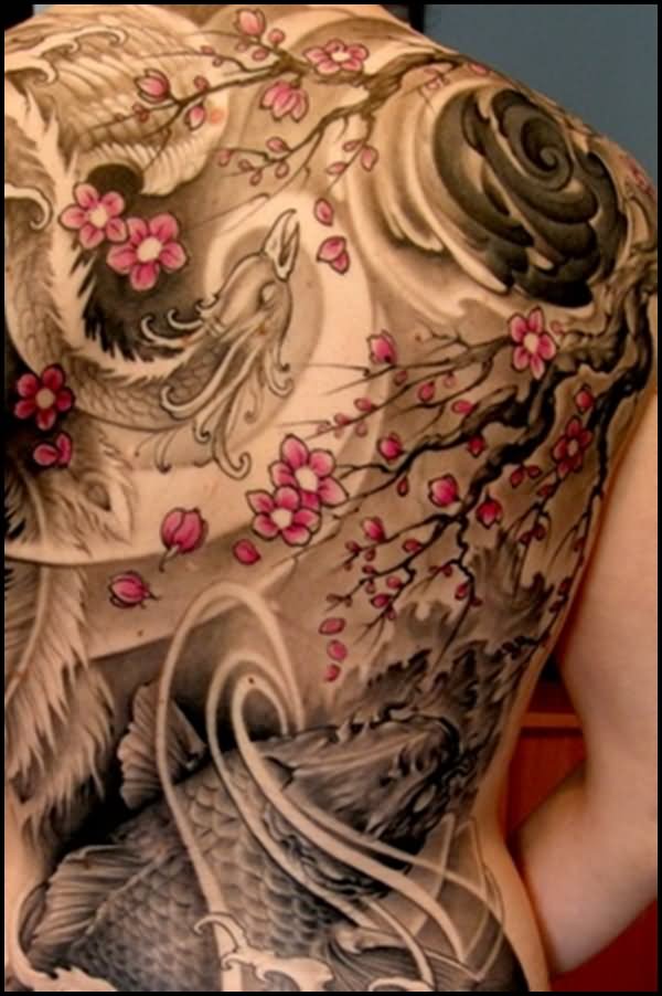 Japanese Phoenix With Fish Tattoo On Full Back