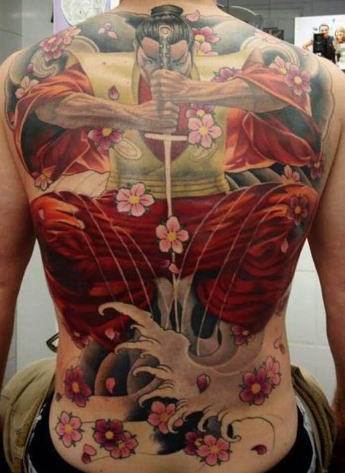 Japanese Samurai With Cherry Blossom Tattoo On Full Back