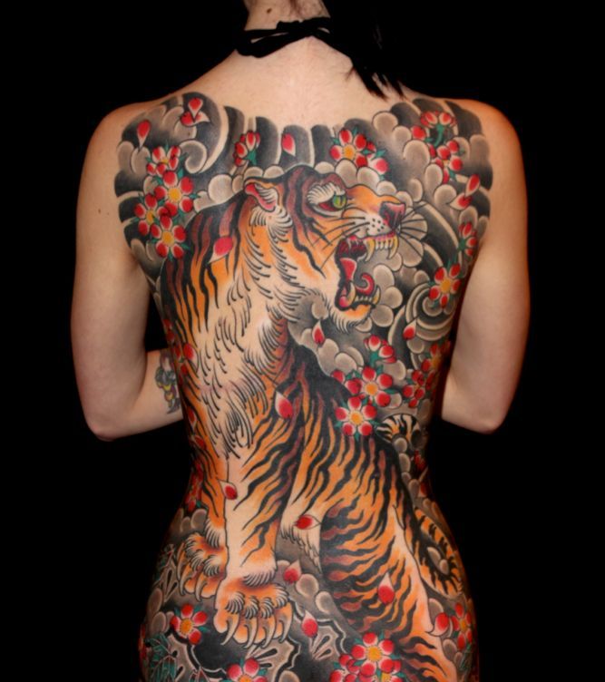 Japanese Tiger With Flowers Tattoo On Full Back