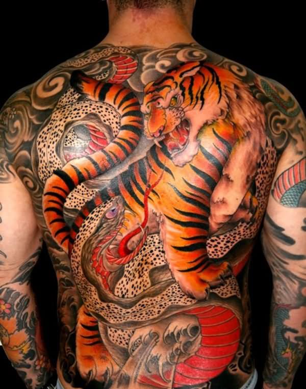 Japanese Tiger With Snake Tattoo On Full Back