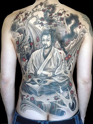 Japanese Warrior With Cherry Blossom Tattoo On Full Back