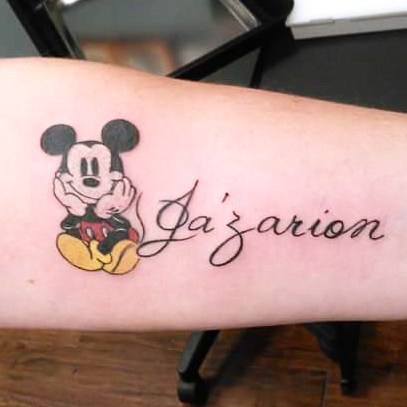 Jazarion Name And Mickey Mouse Tattoo