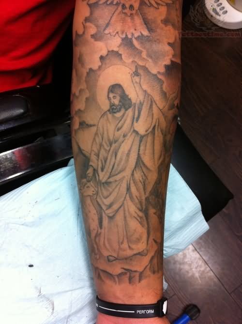 Jesus With Clouds Tattoo On Forearm