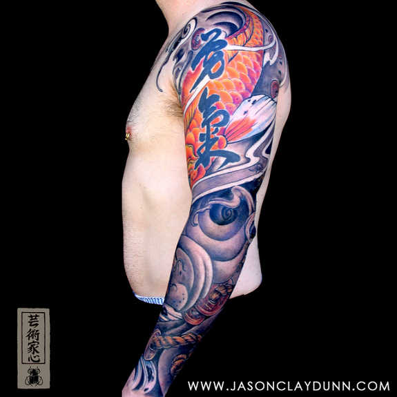 Koi Fish Tattoo On Man Left Full Sleeve