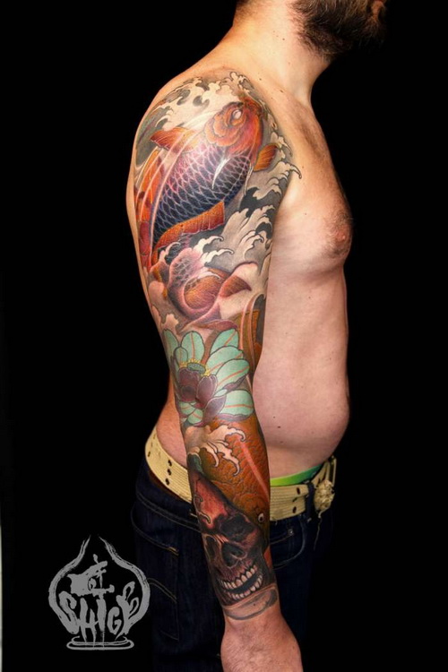 Koi Fishes With Flowers And Skull Tattoo On Man Right Full Sleeve